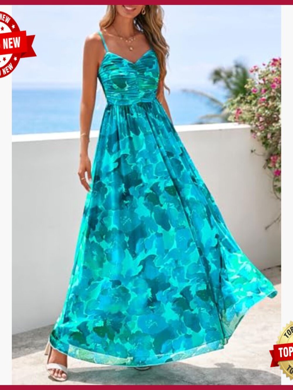 Summer Maxi Dress Spaghetti Strap V-Neck Mesh Boho Sundress - Picture 3 of 7